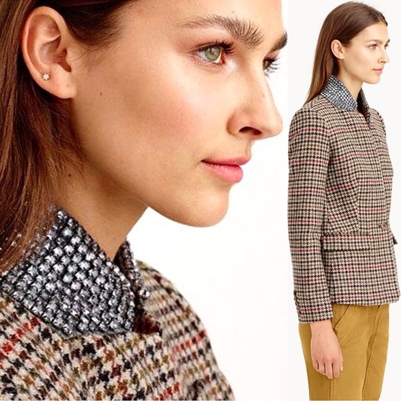 JCREW Regent Blazer Houndstooth Tweed Jewel Collar Wool Jacket Coat Tan Brown 2 - Picture 1 of 16